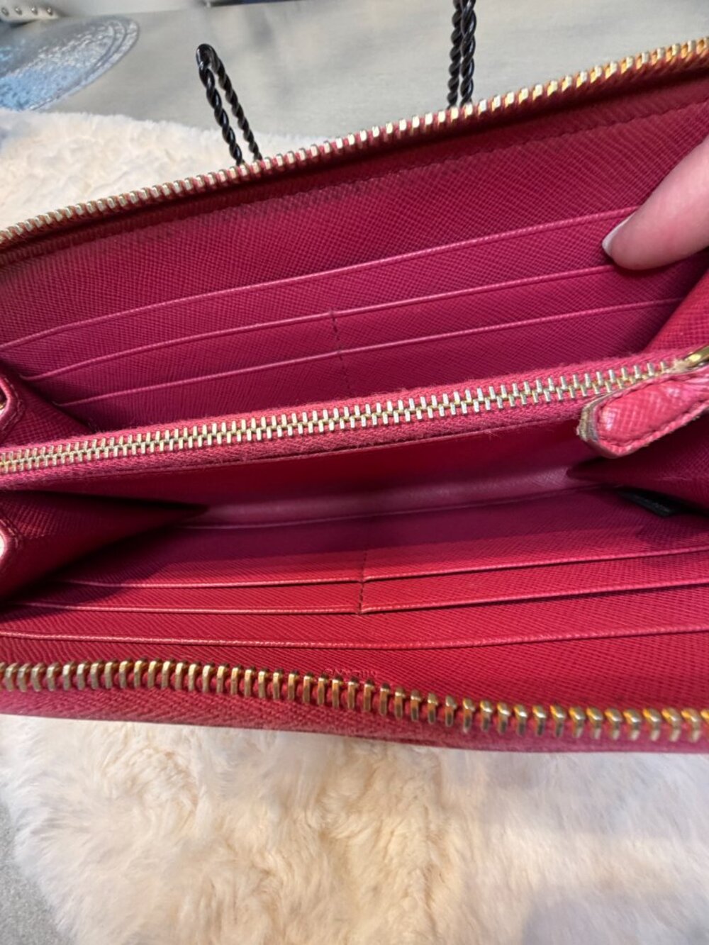Prada Saffiano Leather Zip Around Wallet Pink Raspberry Gold Logo - Picture 6 of 12